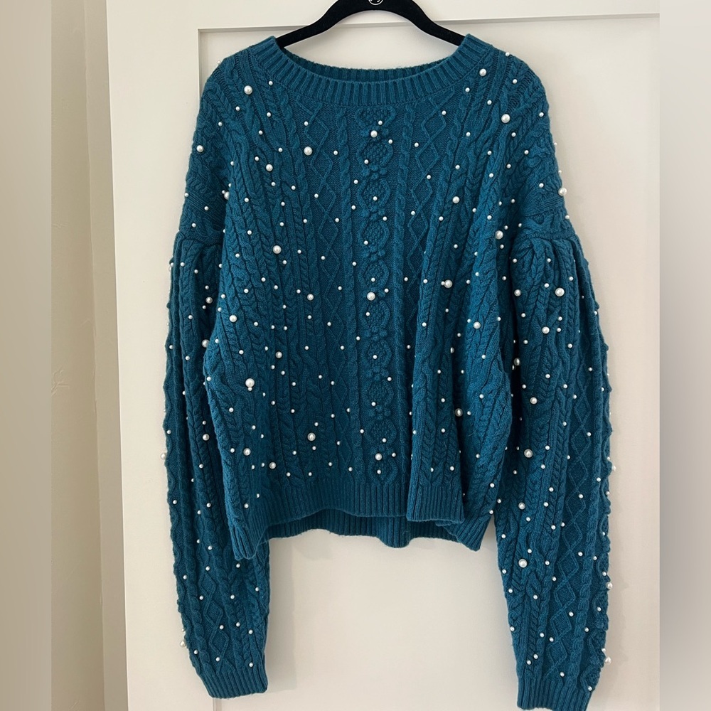Something Navy Teal Sweater with Pearl Detail Sz M